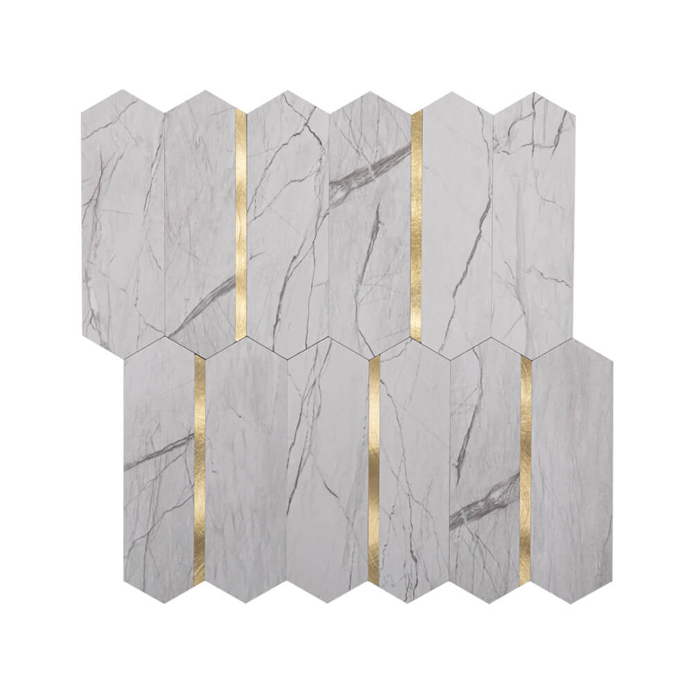 Peel and Stick Backsplash Tile Hexagon PVC White Marble Pattern with Light Gold Metal 5-Sheet